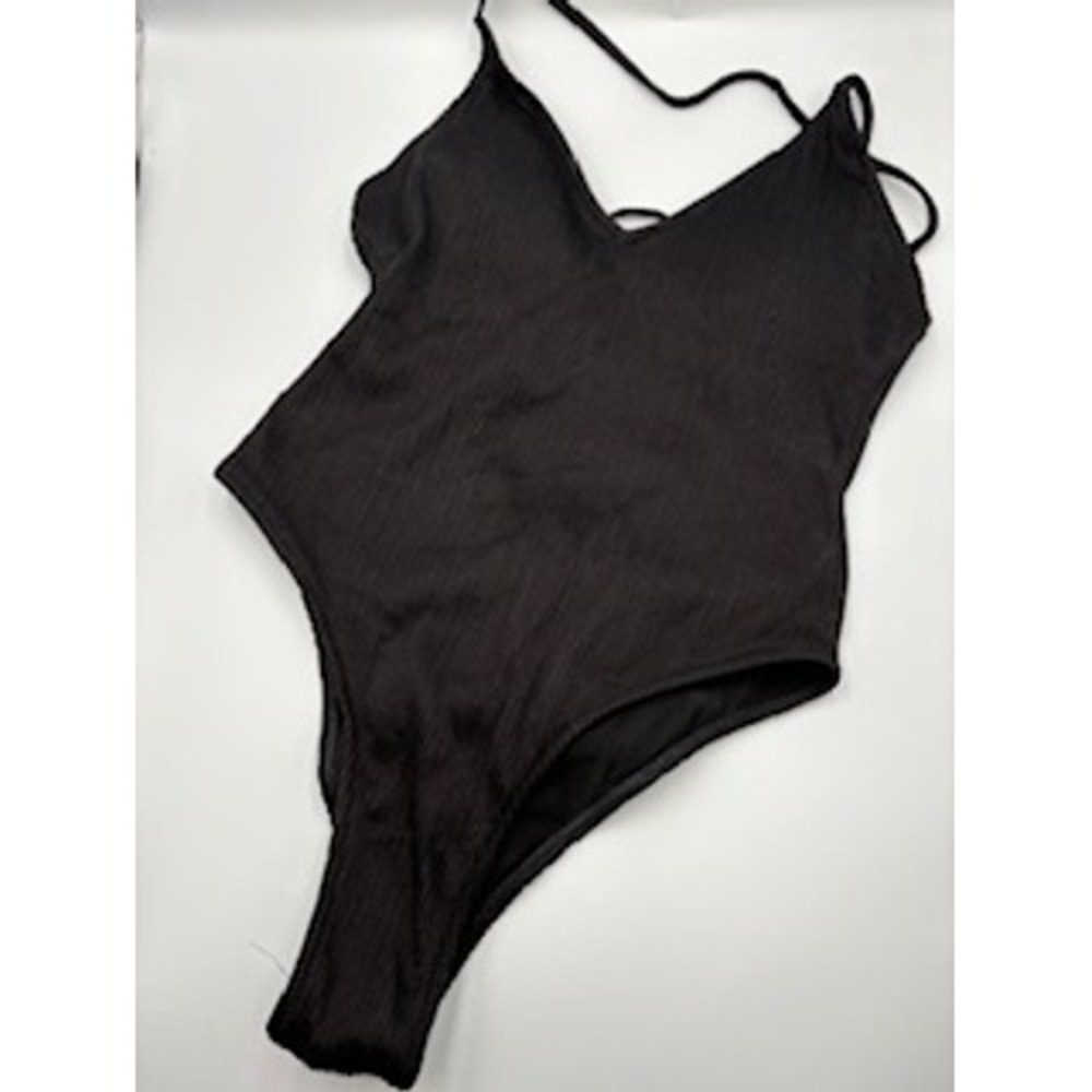 Sunny Co One Piece Swimsuit Black Ribbed Lace Up Back Ruched Cheeky Size Medium